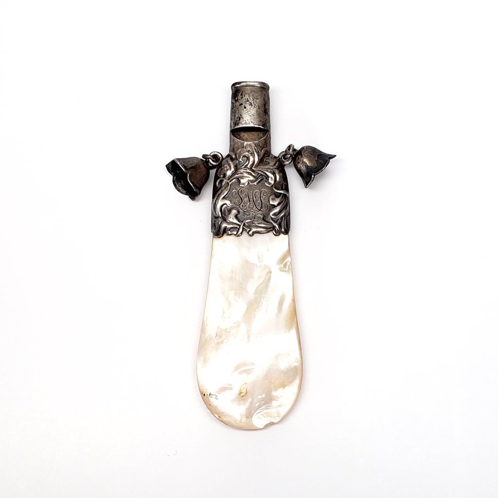 Whiting Mfg Co Silver Mother of Pearl Baby Whistle & Rattle w/ Monogram #7291